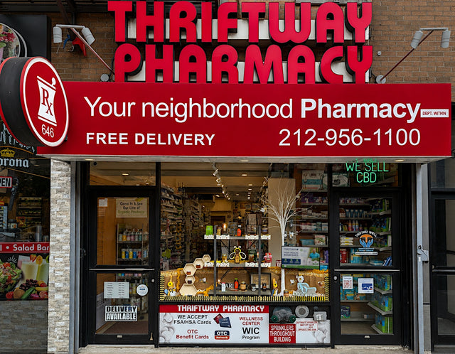 Thriftway Pharmacy entrance and red storefront sign at 646 Tenth Avenue
